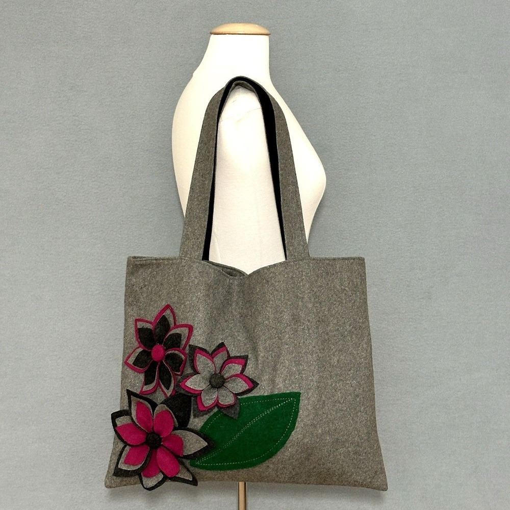 Artsy Eclectic Market Tote Bag Gray Magenta Felt Floral Applique 3D Teacher